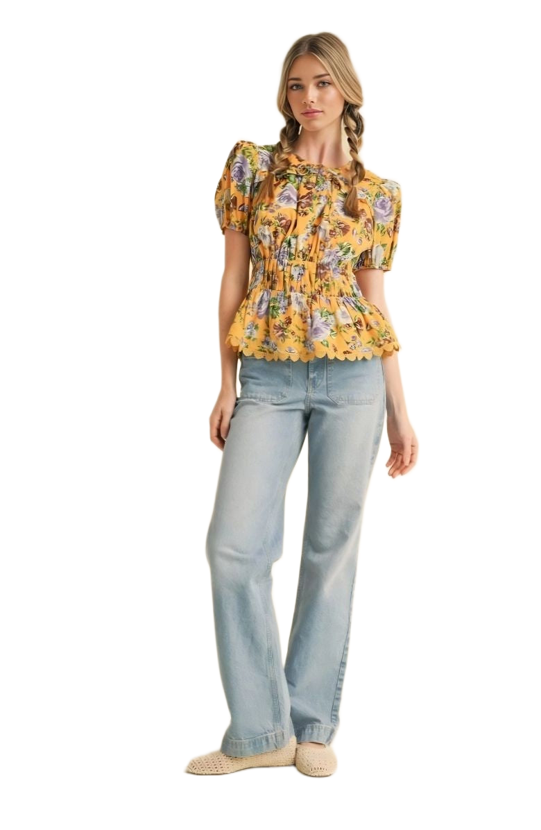 Floral Peplum Top Puff Sleeves Smocked Waist Tie Neck Scallop Trim Yellow Print