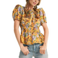 Floral Peplum Top Puff Sleeves Smocked Waist Tie Neck Scallop Trim Yellow Print
