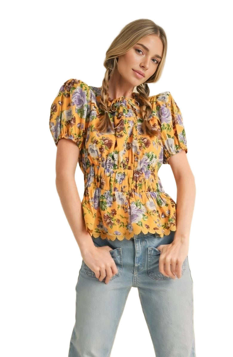 Floral Peplum Top Puff Sleeves Smocked Waist Tie Neck Scallop Trim Yellow Print