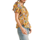 Floral Peplum Top Puff Sleeves Smocked Waist Tie Neck Scallop Trim Yellow Print