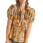 Floral Peplum Top Puff Sleeves Smocked Waist Tie Neck Scallop Trim Yellow Print