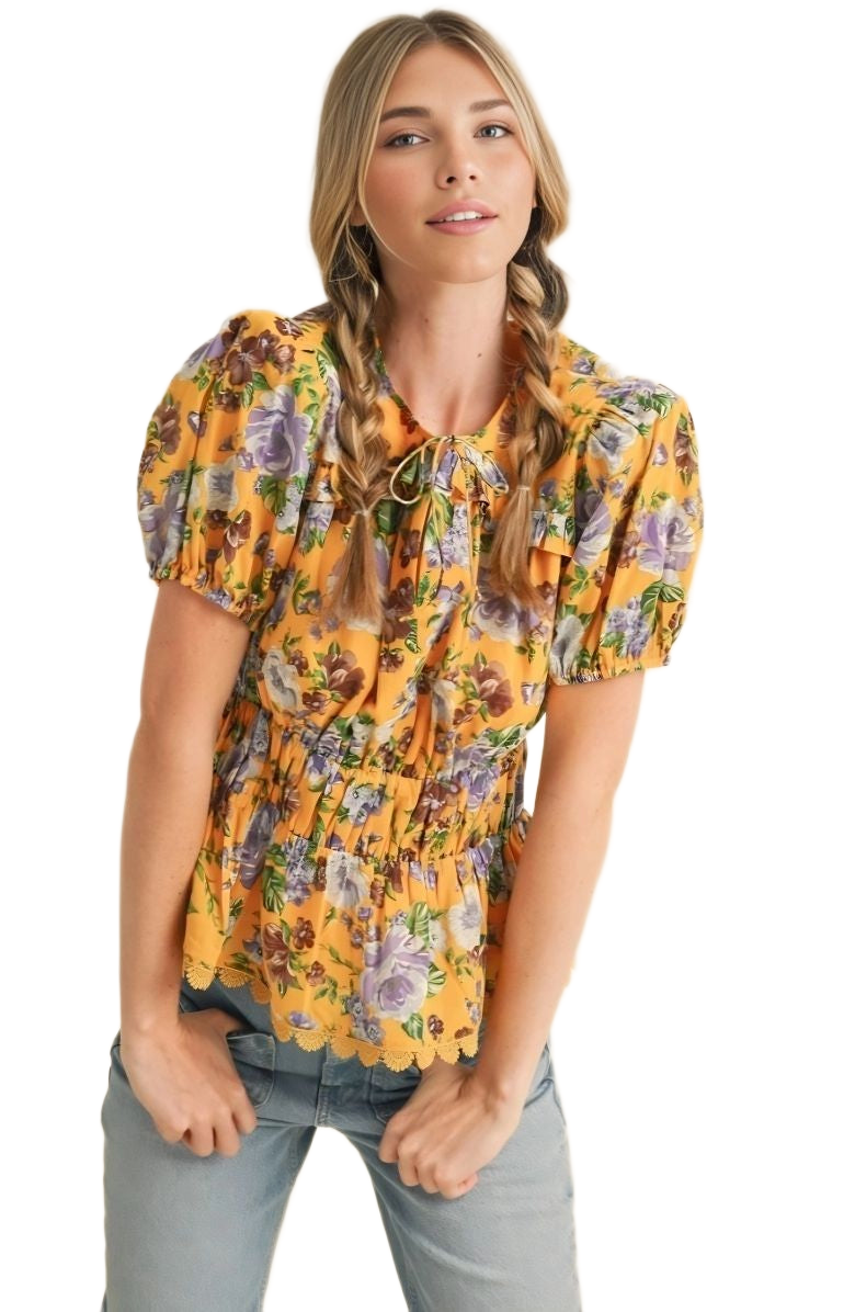 Floral Peplum Top Puff Sleeves Smocked Waist Tie Neck Scallop Trim Yellow Print
