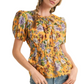 Floral Peplum Top Puff Sleeves Smocked Waist Tie Neck Scallop Trim Yellow Print