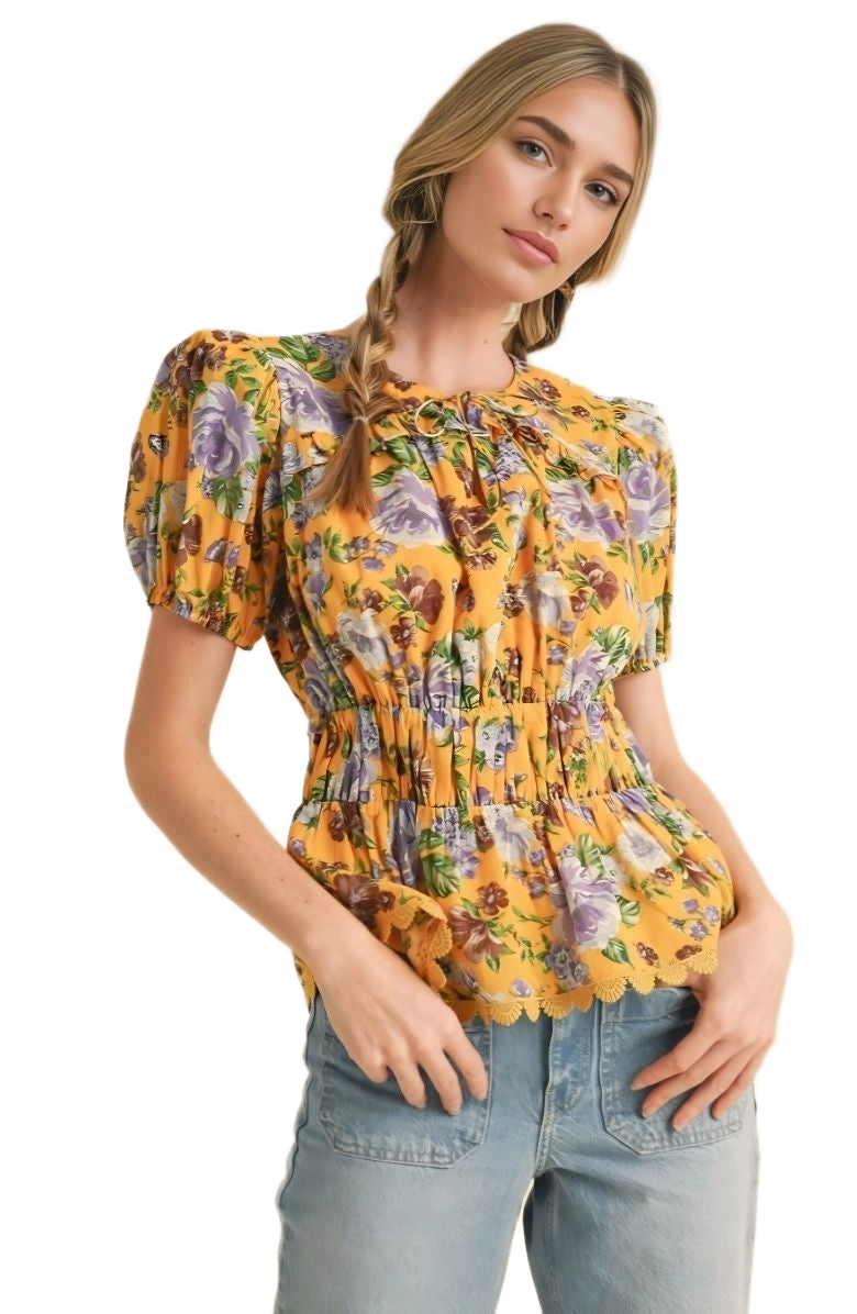 Floral Peplum Top Puff Sleeves Smocked Waist Tie Neck Scallop Trim Yellow Print