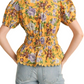 Floral Peplum Top Puff Sleeves Smocked Waist Tie Neck Scallop Trim Yellow Print