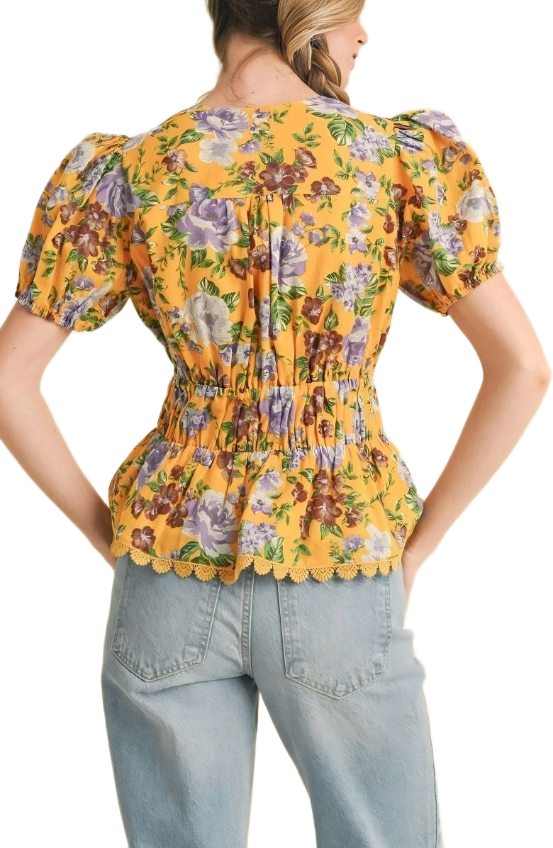 Floral Peplum Top Puff Sleeves Smocked Waist Tie Neck Scallop Trim Yellow Print
