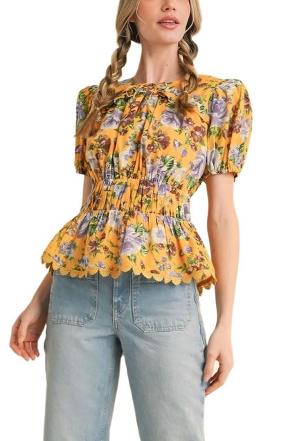 Floral Peplum Top Puff Sleeves Smocked Waist Tie Neck Scallop Trim Yellow Print