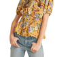Floral Peplum Top Puff Sleeves Smocked Waist Tie Neck Scallop Trim Yellow Print