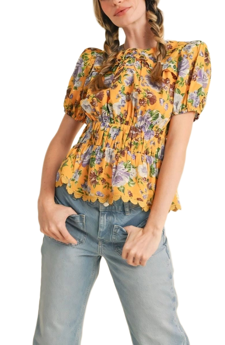 Floral Peplum Top Puff Sleeves Smocked Waist Tie Neck Scallop Trim Yellow Print