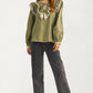 Olive Ruffle Trim Top With Tassel Tie Neckline