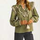 Olive Ruffle Trim Top With Tassel Tie Neckline