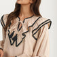 Ruffle Trim Blouse With Oversized Contrast Collar
