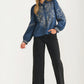 Embroidered Denim Button-Down Blouse with Long Puff Sleeves