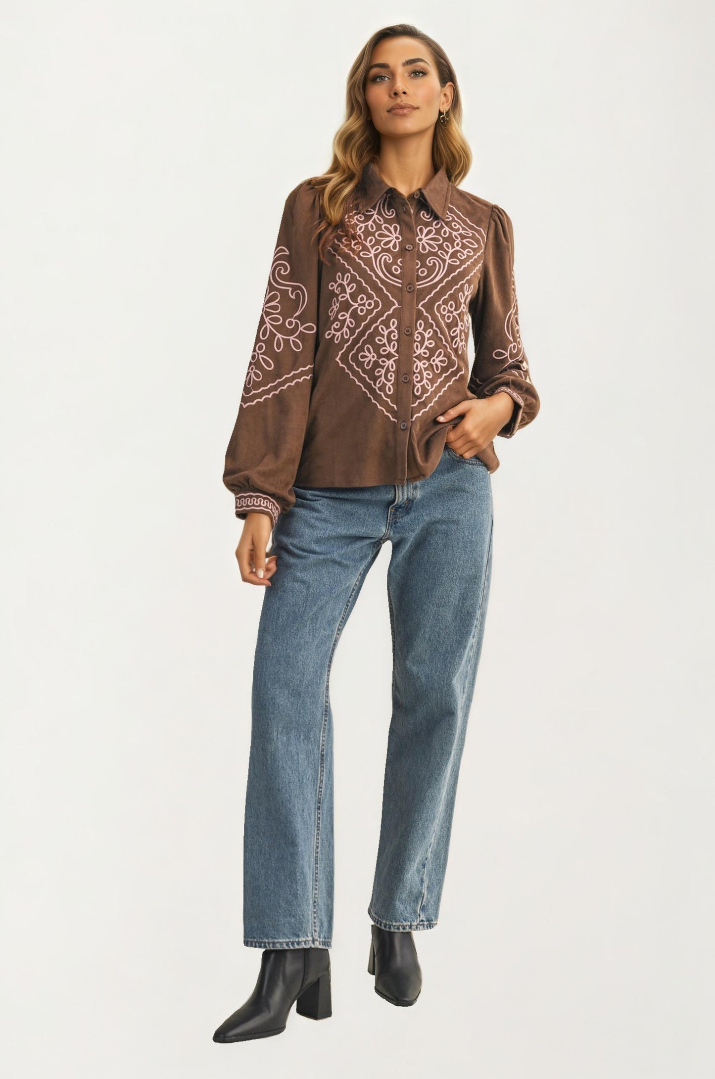Brown Button Up Blouse with Pink Embroidery Details