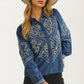Embroidered Denim Button-Down Blouse with Long Puff Sleeves