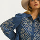 Embroidered Denim Button-Down Blouse with Long Puff Sleeves
