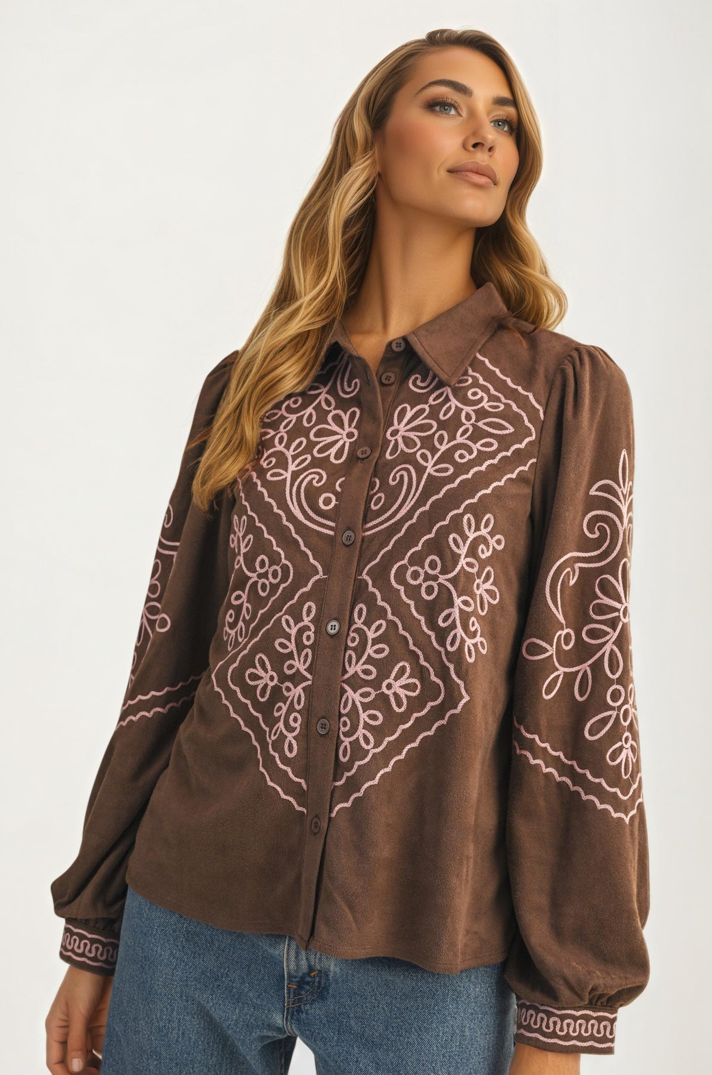 Brown Button Up Blouse with Pink Embroidery Details