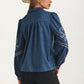 Embroidered Denim Button-Down Blouse with Long Puff Sleeves