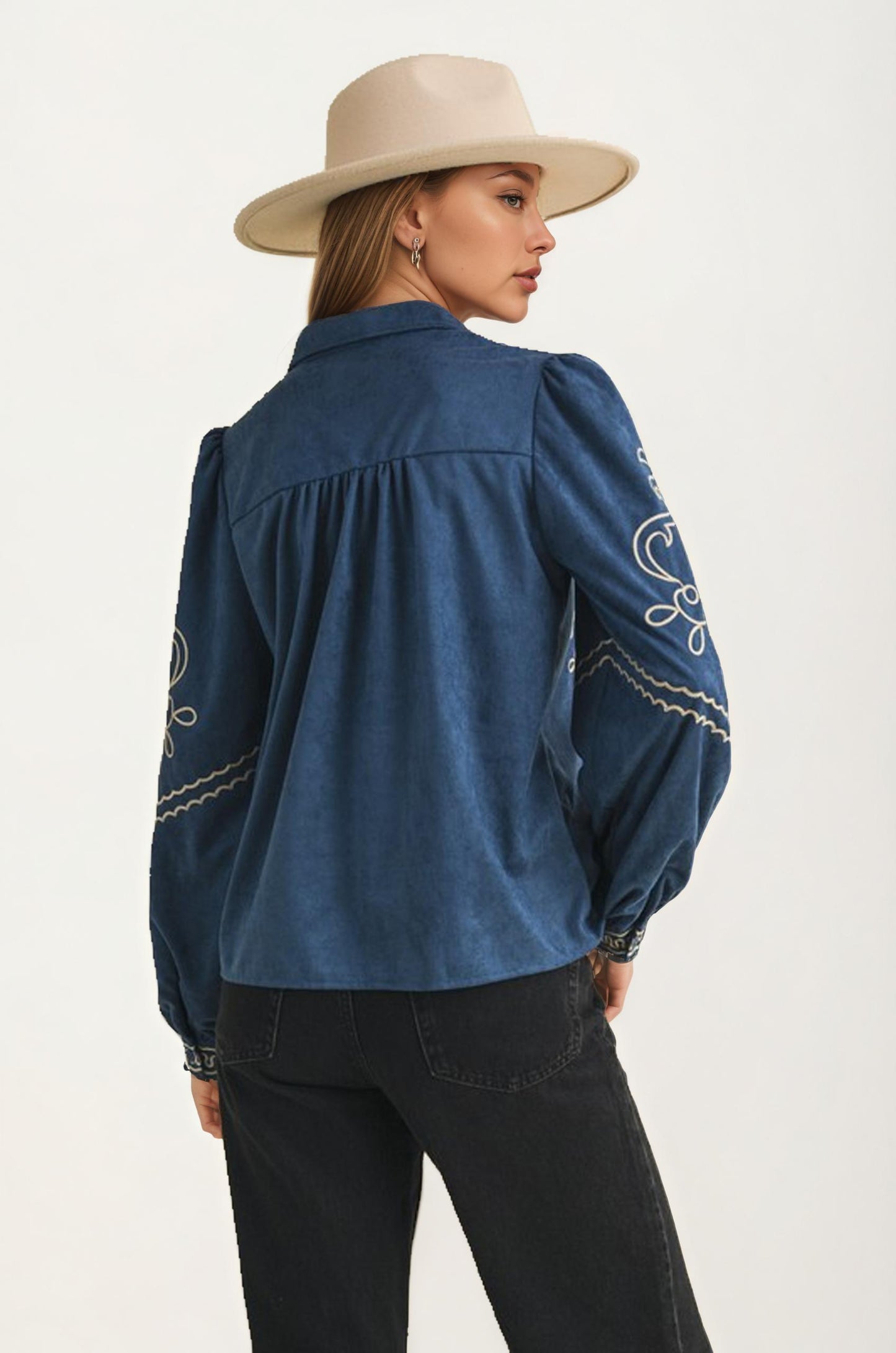Embroidered Denim Button-Down Blouse with Long Puff Sleeves