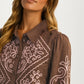 Brown Button Up Blouse with Pink Embroidery Details