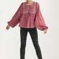 Flowy Long Sleeve Blouse with Embroidered Yoke and Tie Neckline