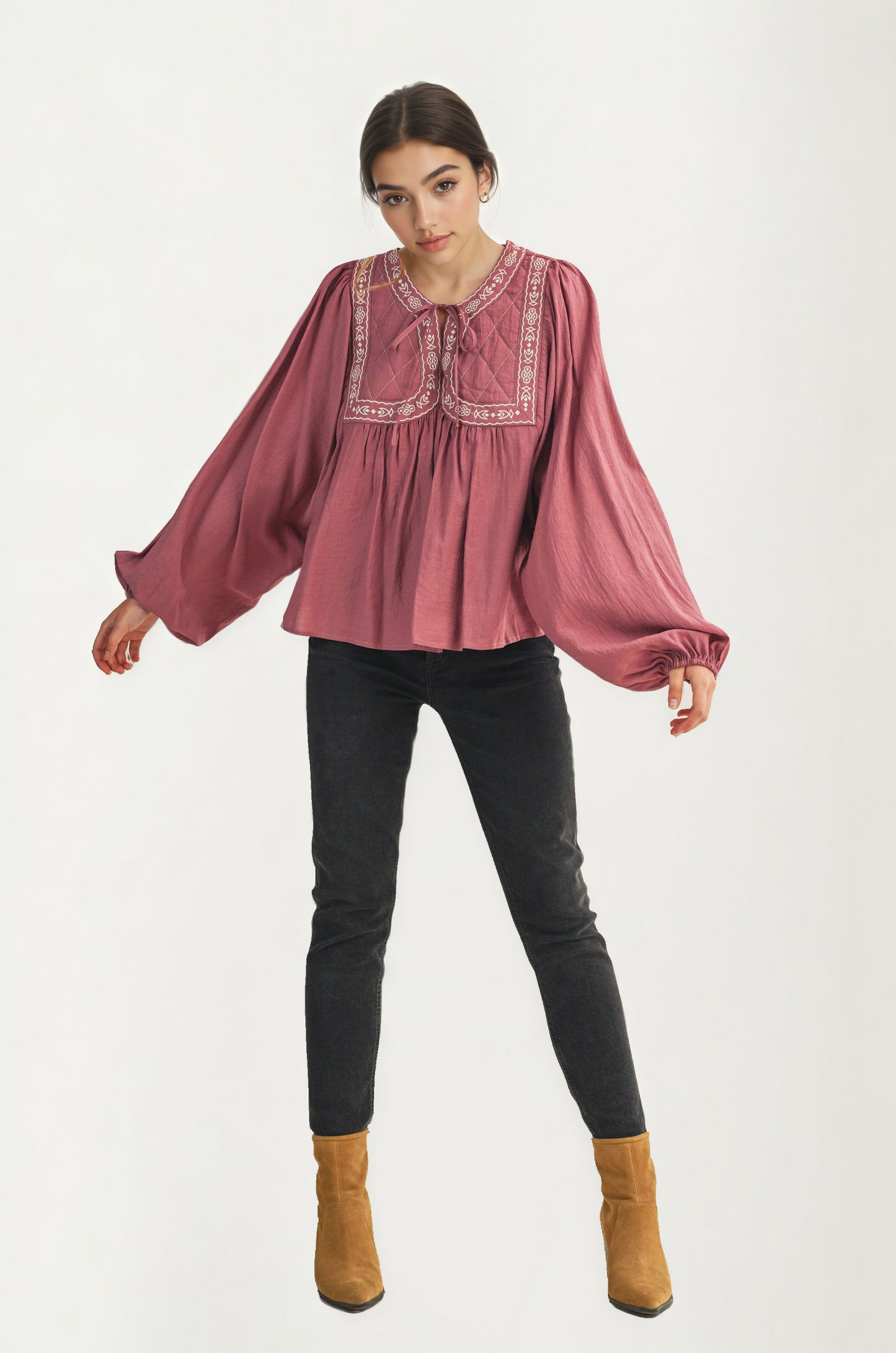 Flowy Long Sleeve Blouse with Embroidered Yoke and Tie Neckline