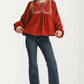 Flowy Long Sleeve Blouse with Embroidered Yoke and Tie Neckline