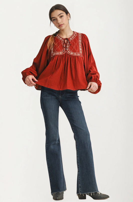 Flowy Long Sleeve Blouse with Embroidered Yoke and Tie Neckline