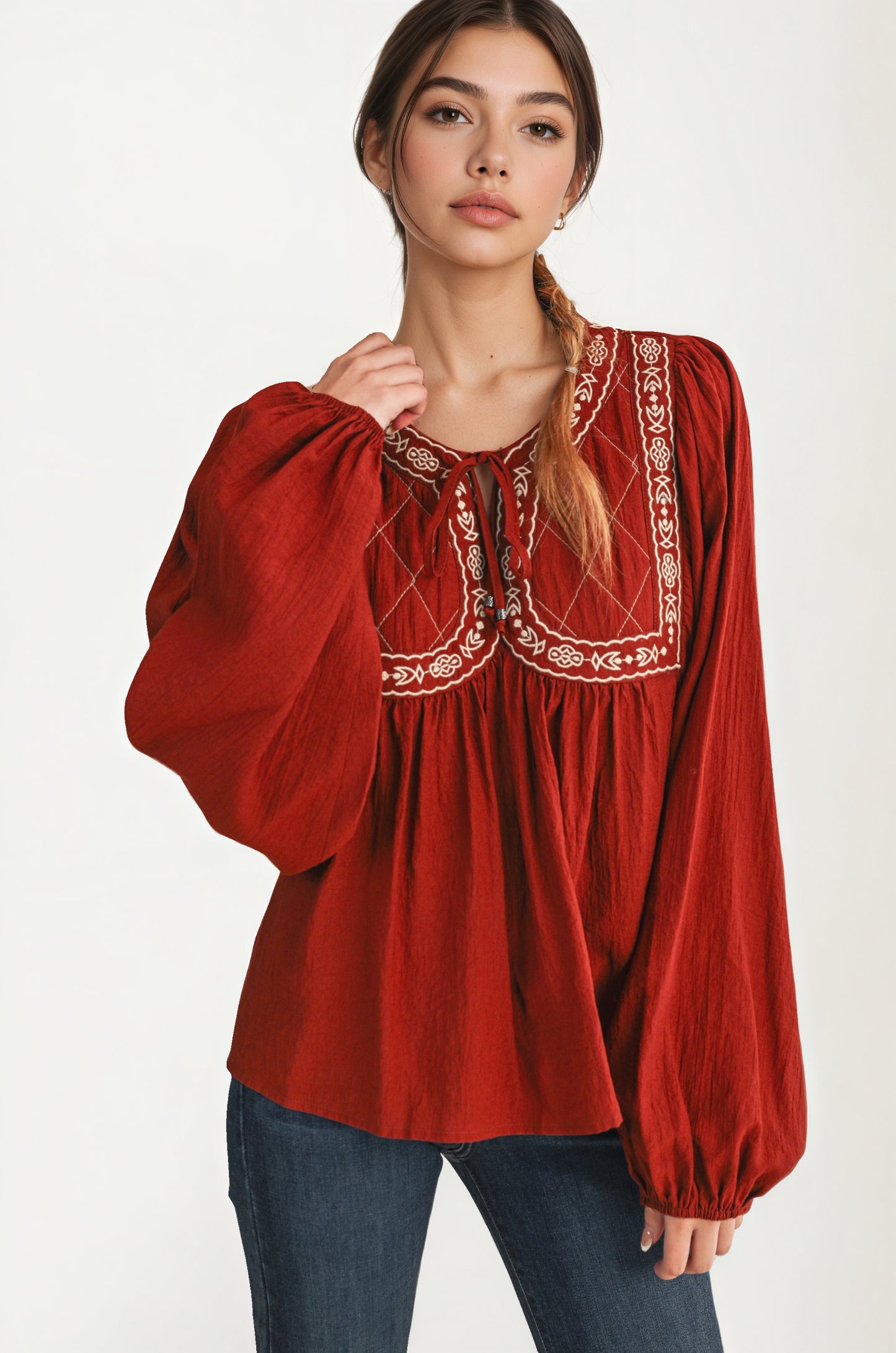 Flowy Long Sleeve Blouse with Embroidered Yoke and Tie Neckline