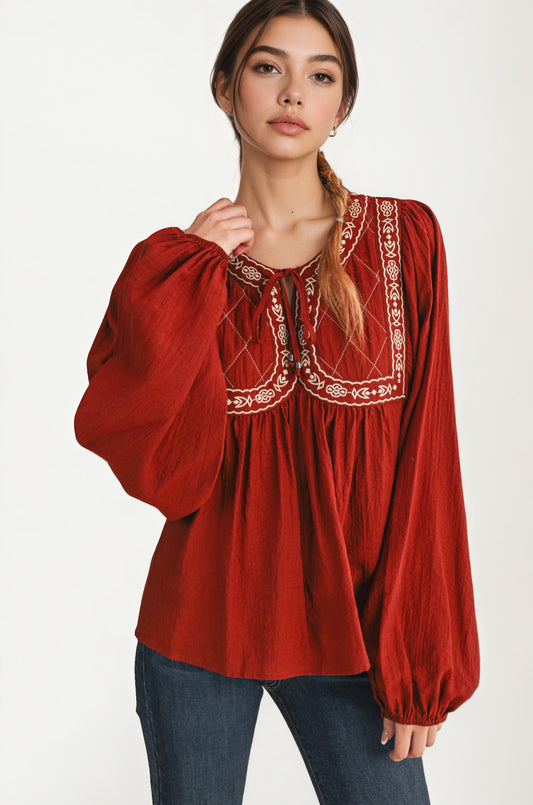 Flowy Long Sleeve Blouse with Embroidered Yoke and Tie Neckline