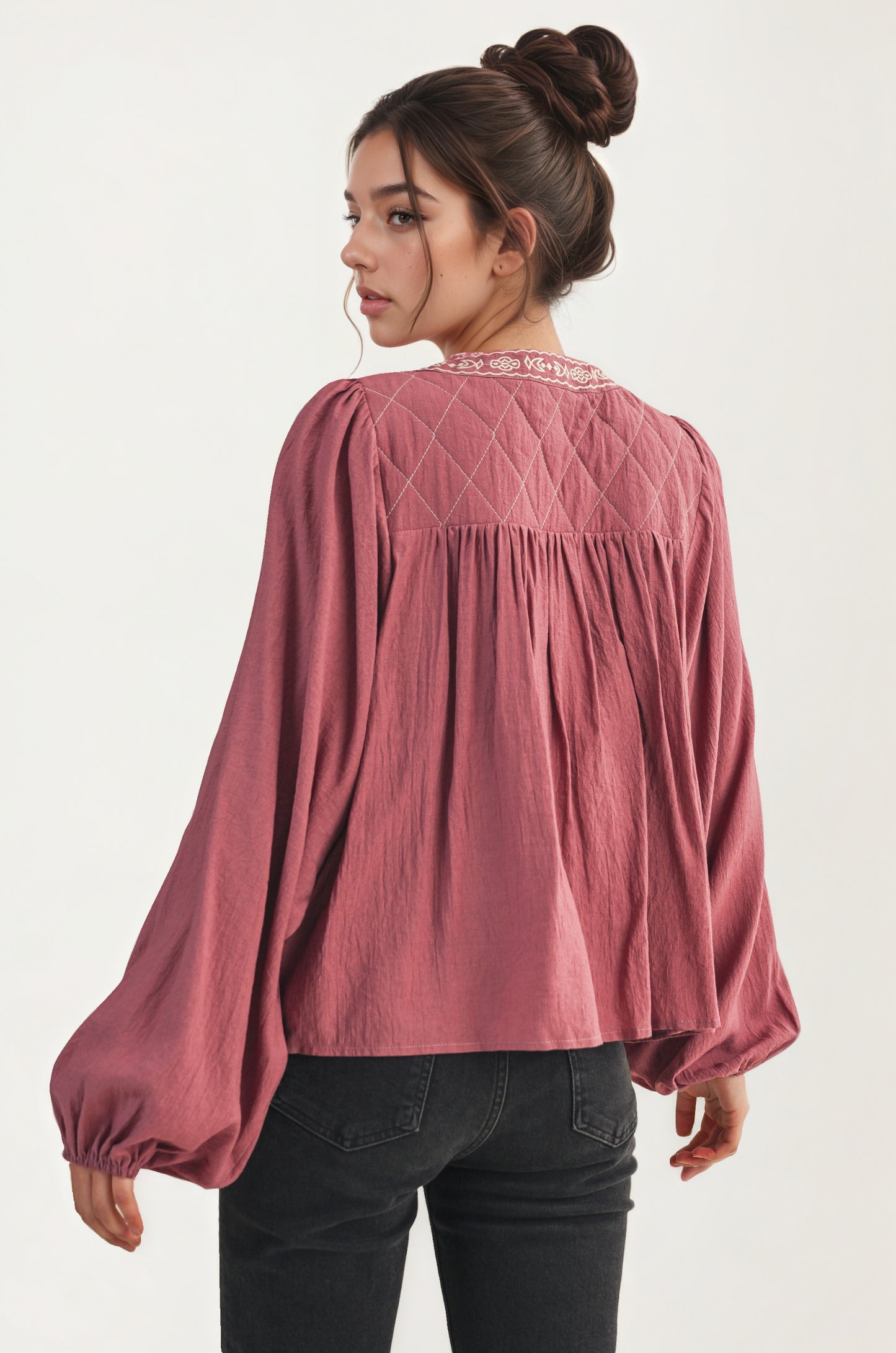 Flowy Long Sleeve Blouse with Embroidered Yoke and Tie Neckline