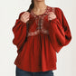 Flowy Long Sleeve Blouse with Embroidered Yoke and Tie Neckline