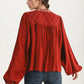 Flowy Long Sleeve Blouse with Embroidered Yoke and Tie Neckline