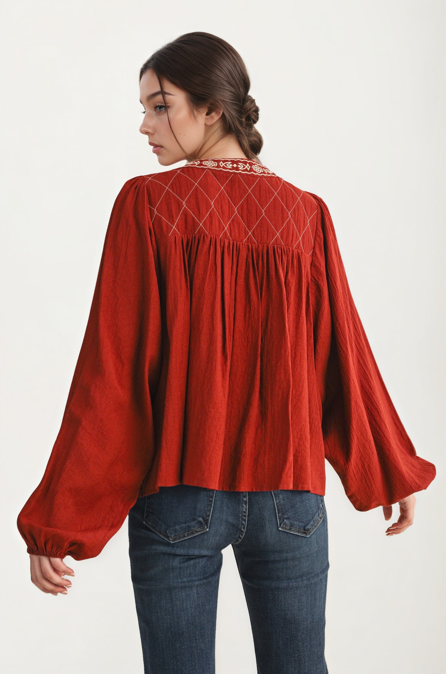 Flowy Long Sleeve Blouse with Embroidered Yoke and Tie Neckline