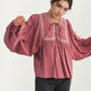 Flowy Long Sleeve Blouse with Embroidered Yoke and Tie Neckline