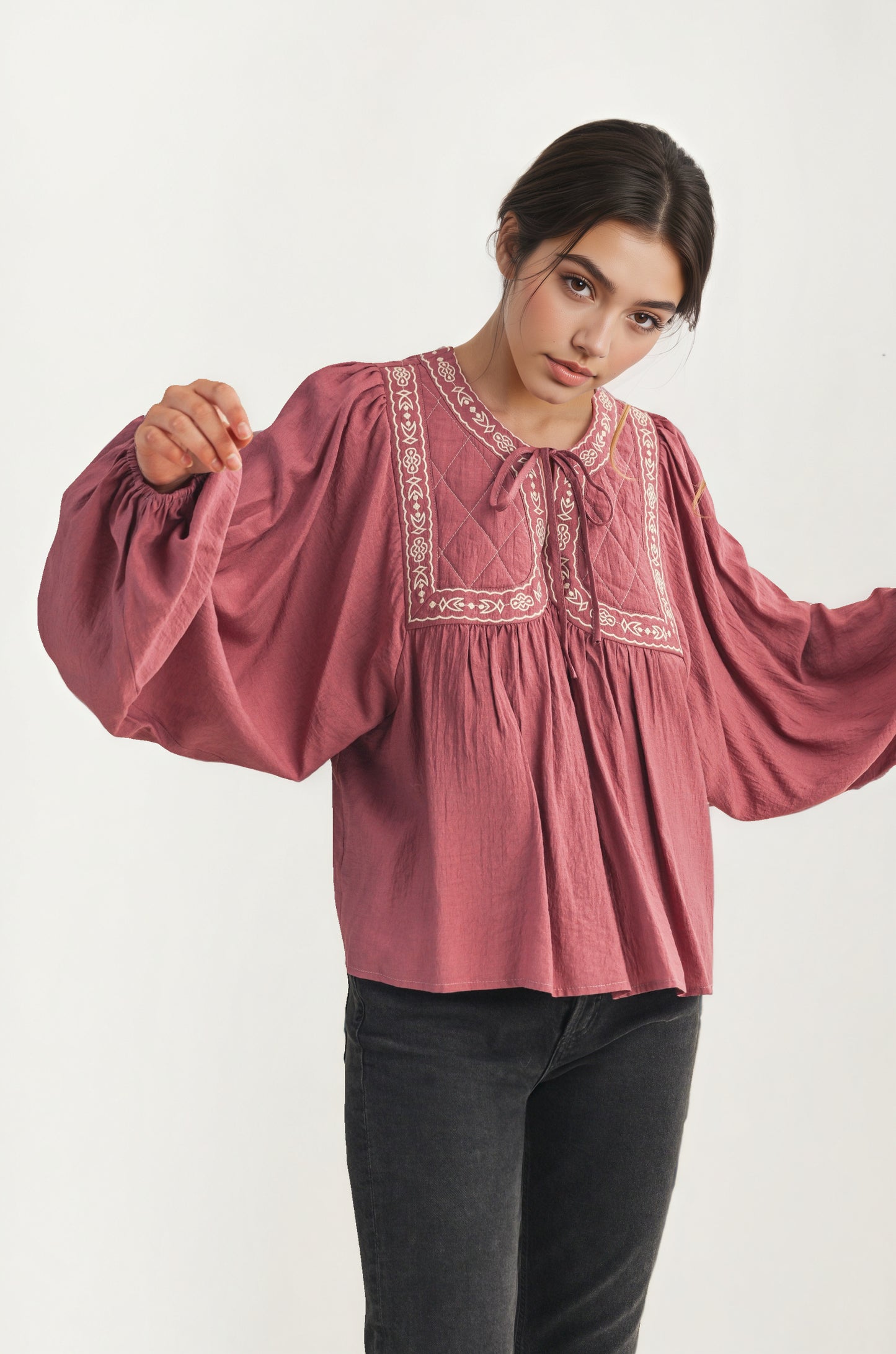Flowy Long Sleeve Blouse with Embroidered Yoke and Tie Neckline