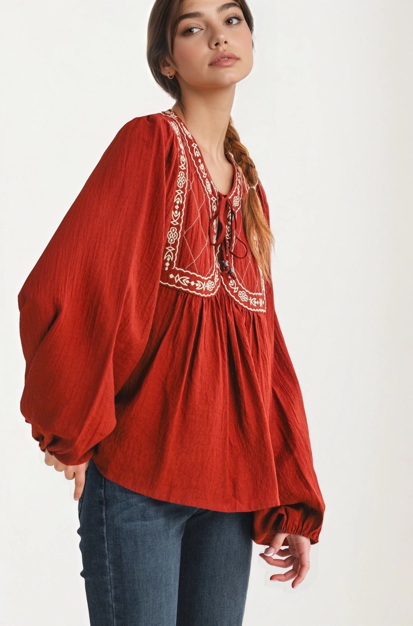Flowy Long Sleeve Blouse with Embroidered Yoke and Tie Neckline
