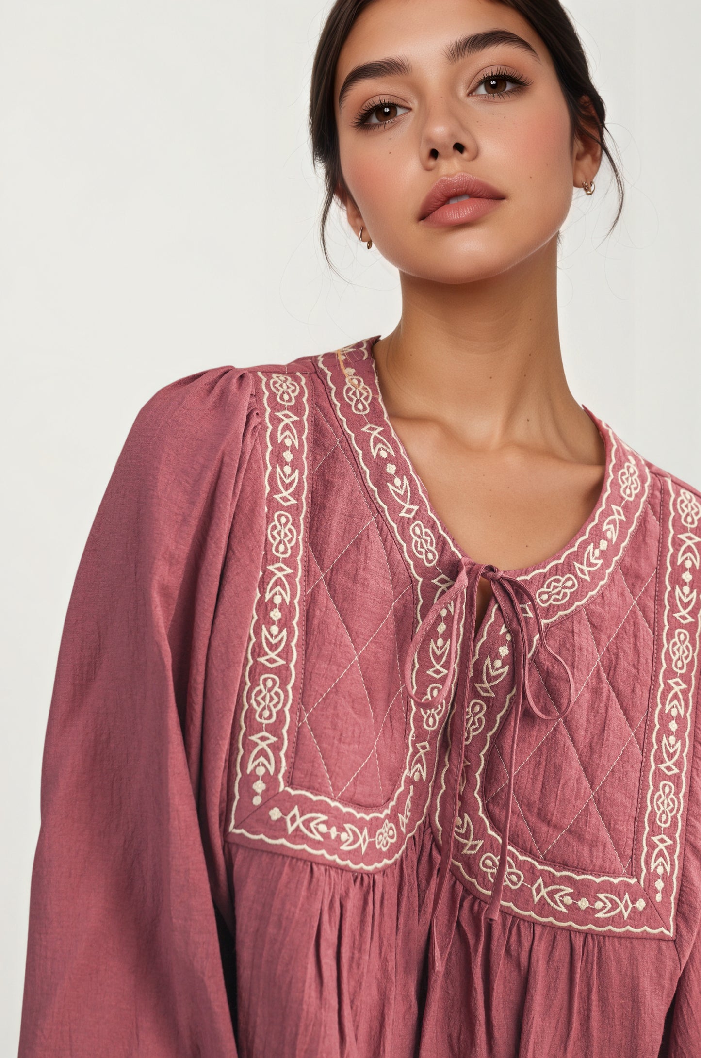 Flowy Long Sleeve Blouse with Embroidered Yoke and Tie Neckline
