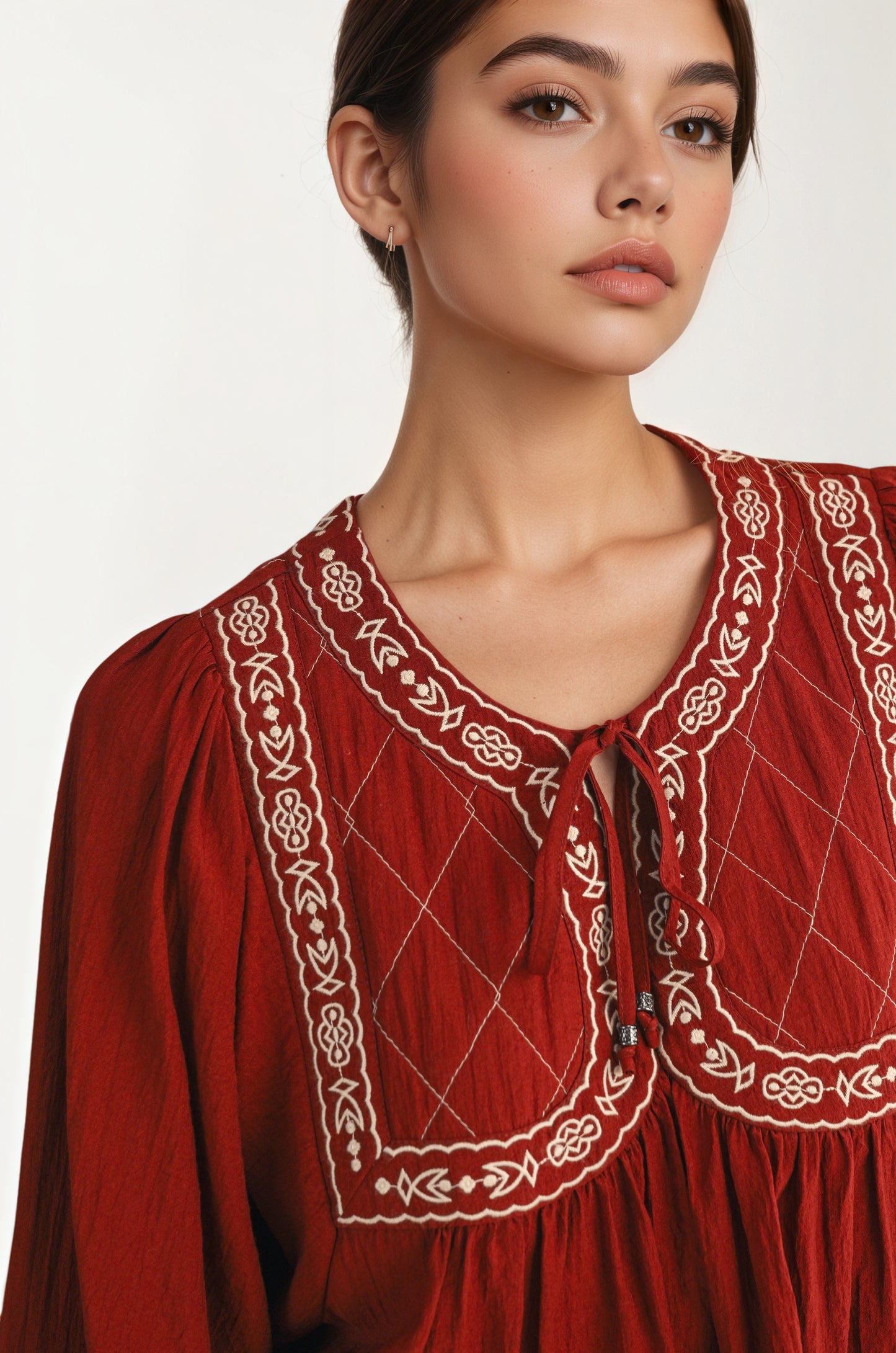 Flowy Long Sleeve Blouse with Embroidered Yoke and Tie Neckline