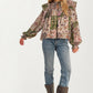 Boho Patchwork Ruffle Blouse with Tassel Tie Neckline