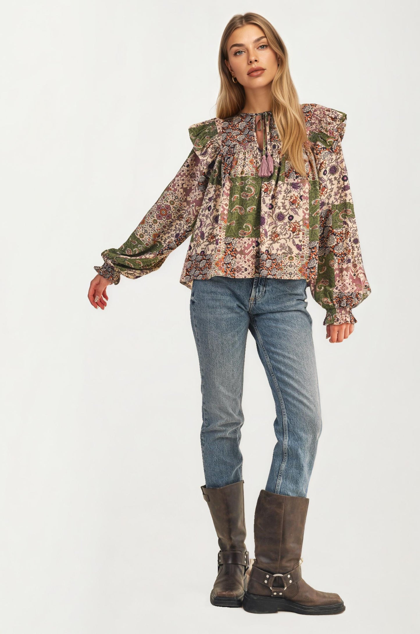 Boho Patchwork Ruffle Blouse with Tassel Tie Neckline
