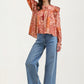 Boho Patchwork Ruffle Blouse with Tassel Tie Neckline