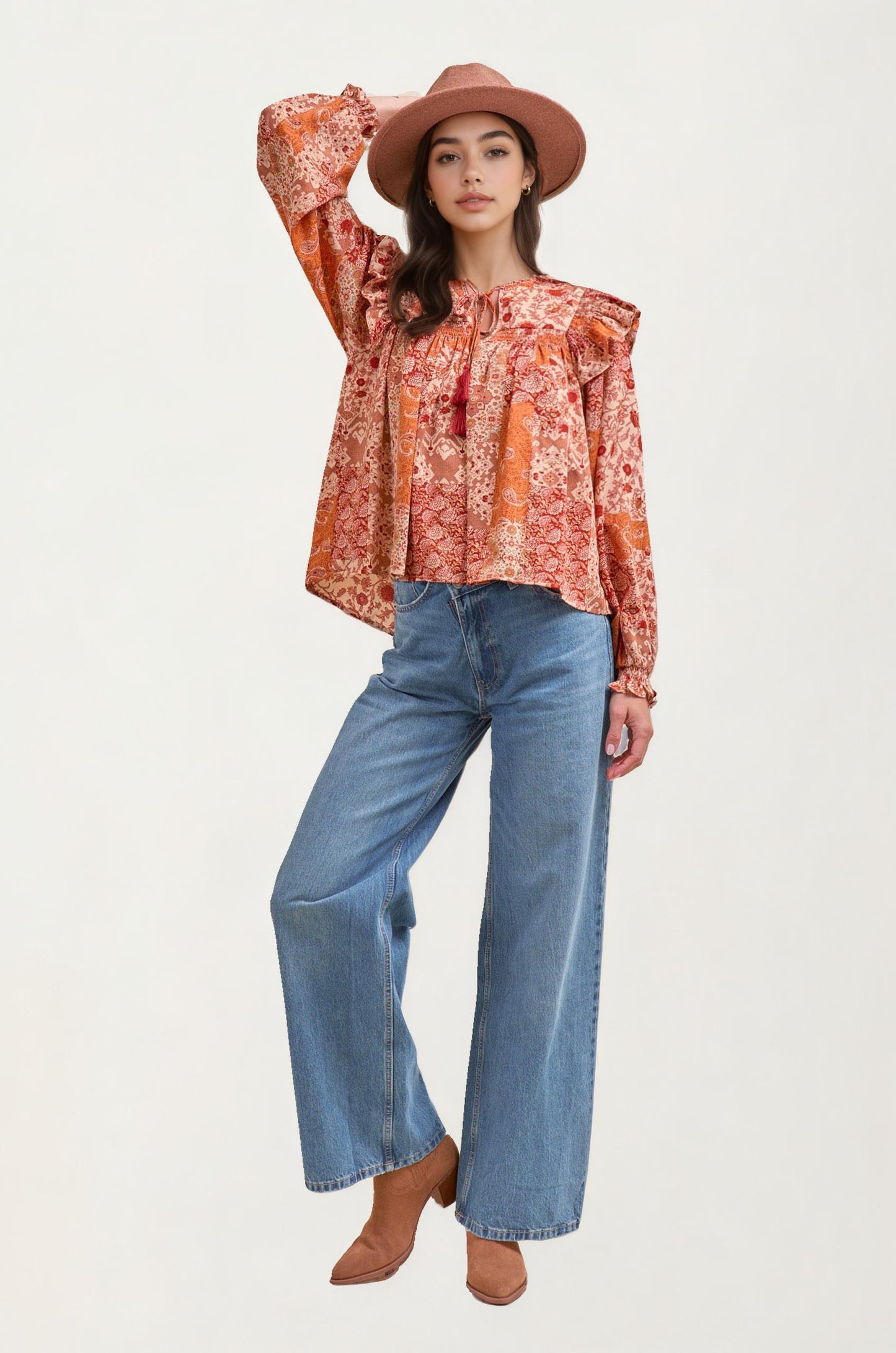 Boho Patchwork Ruffle Blouse with Tassel Tie Neckline