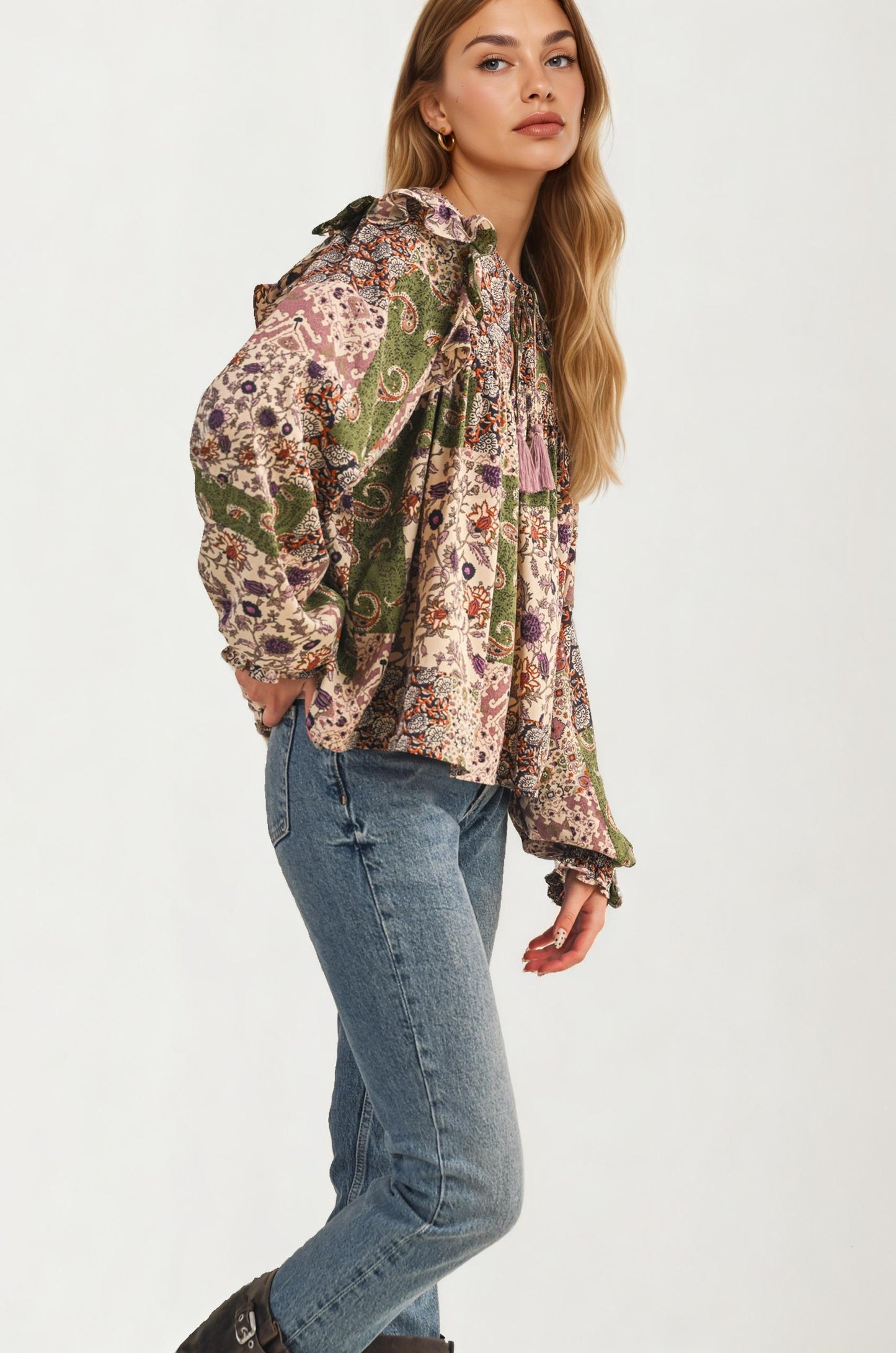 Boho Patchwork Ruffle Blouse with Tassel Tie Neckline