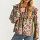 Boho Patchwork Ruffle Blouse with Tassel Tie Neckline