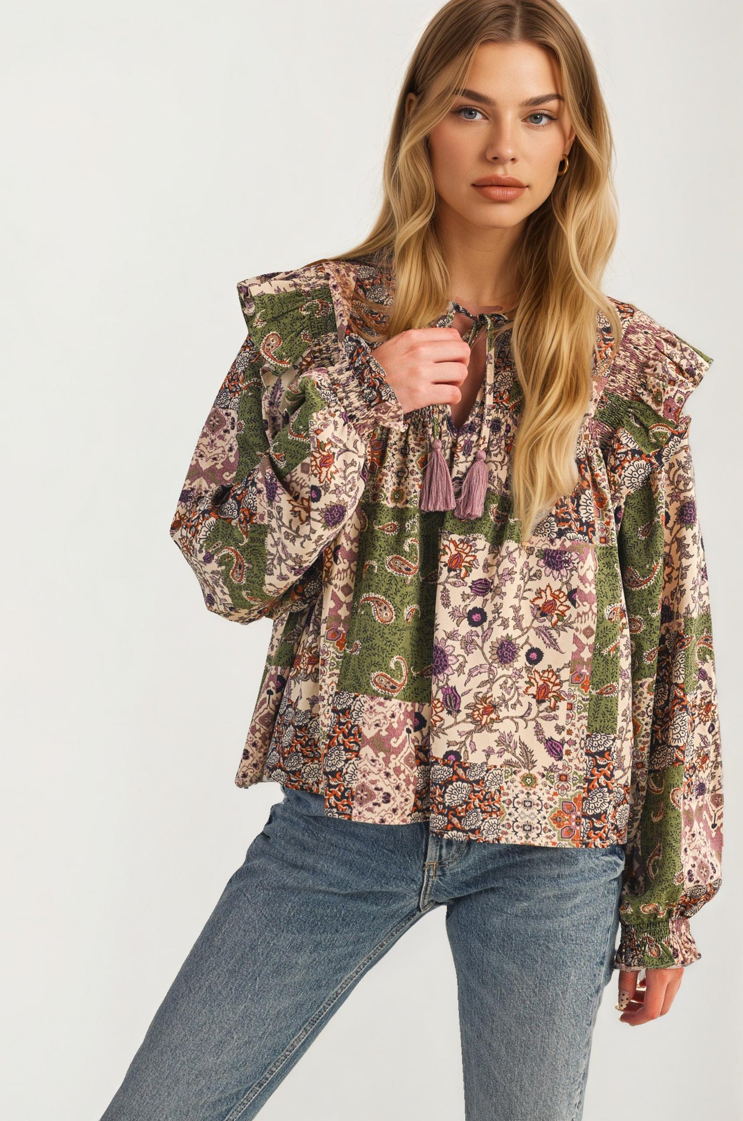 Boho Patchwork Ruffle Blouse with Tassel Tie Neckline
