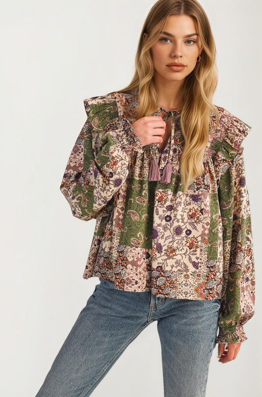 Boho Patchwork Ruffle Blouse with Tassel Tie Neckline