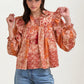Boho Patchwork Ruffle Blouse with Tassel Tie Neckline