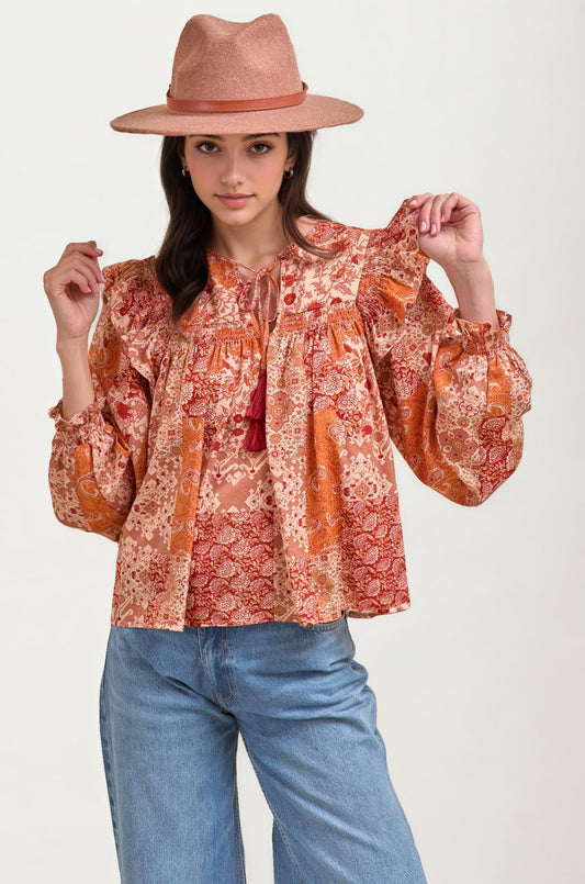 Boho Patchwork Ruffle Blouse with Tassel Tie Neckline