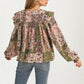 Boho Patchwork Ruffle Blouse with Tassel Tie Neckline